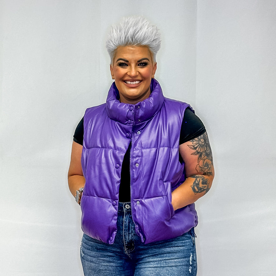 Stand Collar Relaxed Cropped Puffer Vest - Purple
