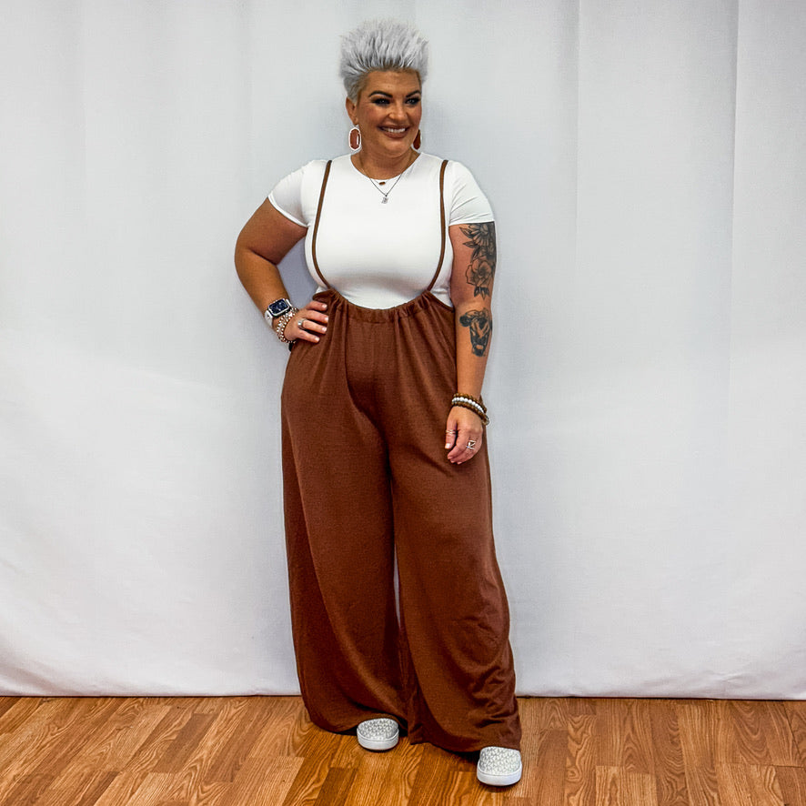 Wide Leg Solid Textured Knit Suspender Pants - Brown