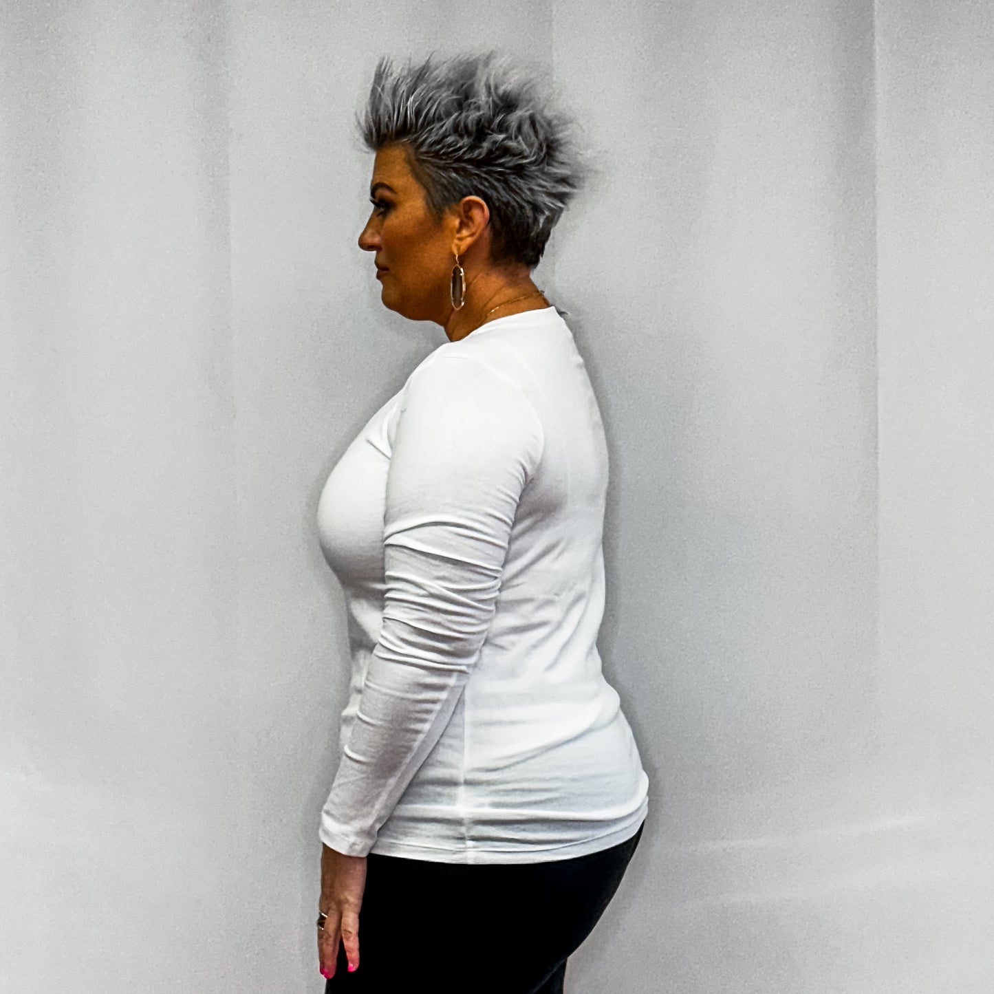 Cotton V- Neck Long Sleeve T-Shirt - White