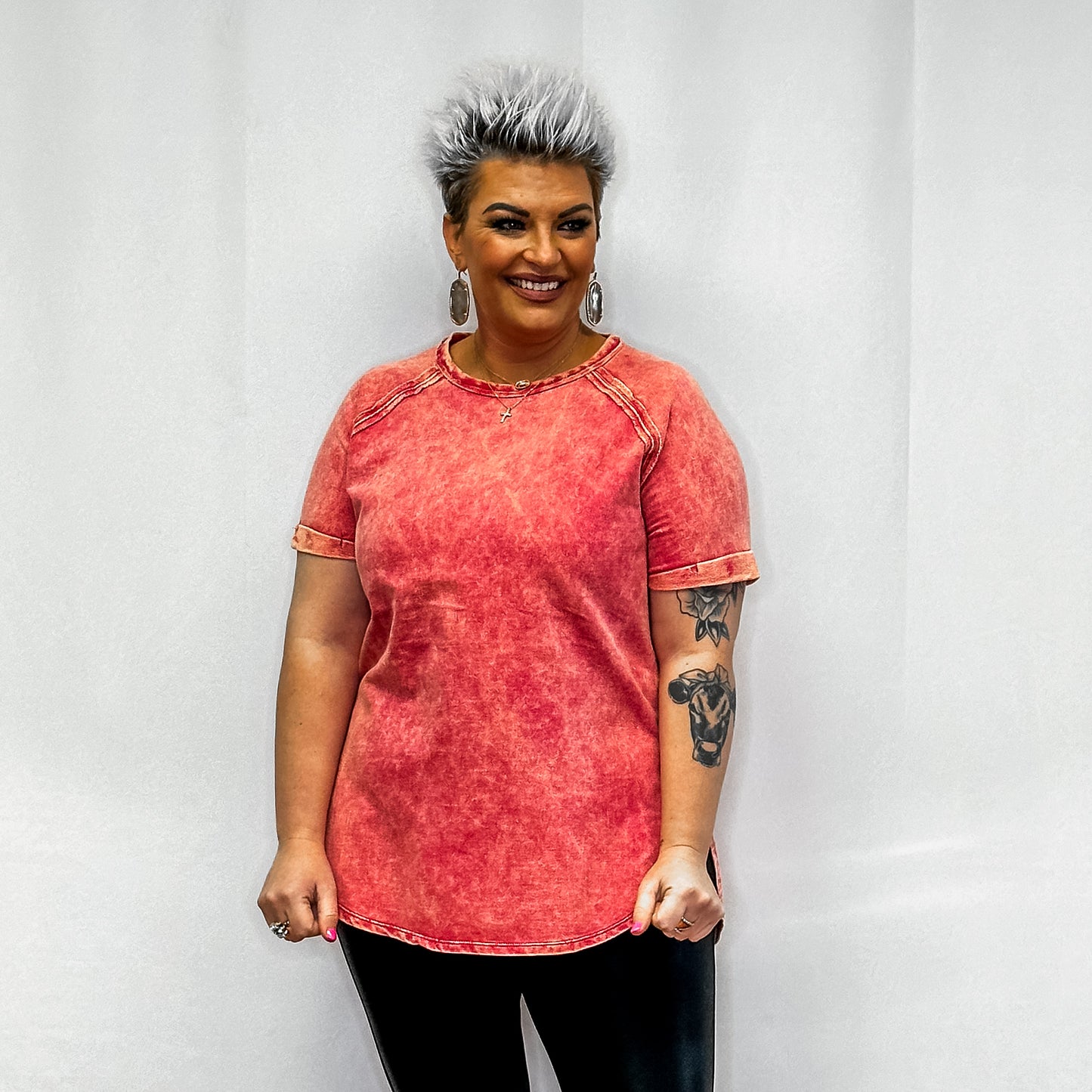 French Terry Acid Wash Short Cuff Sleeve Pullover - Viva Magenta