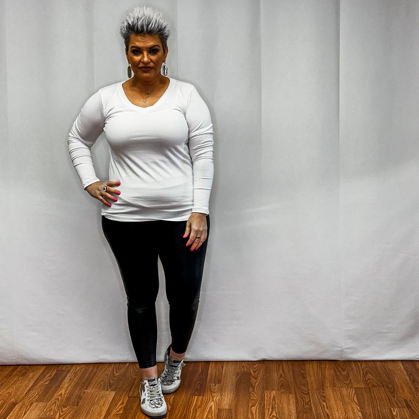 Cotton V- Neck Long Sleeve T-Shirt - White