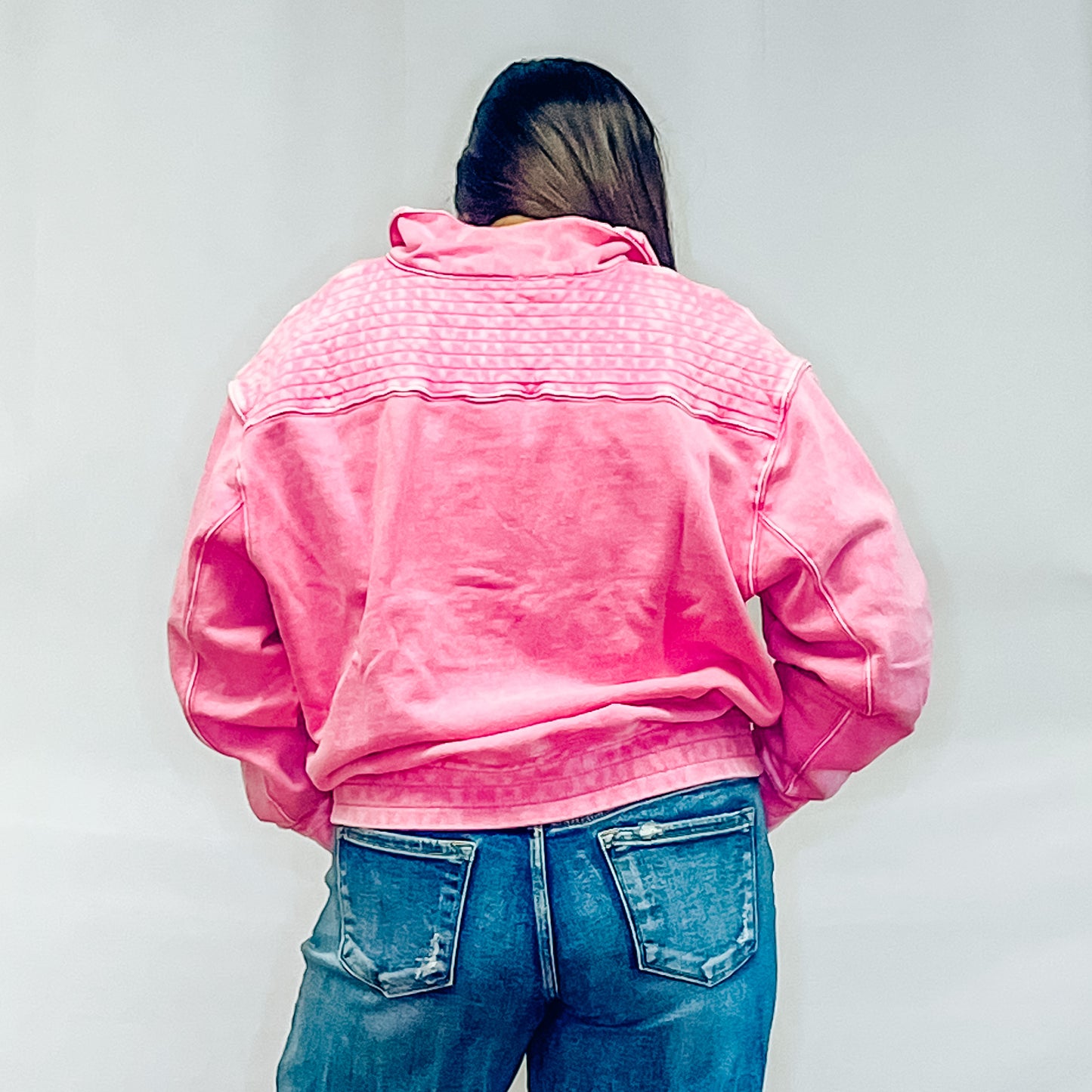 Mineral Washed Snap Button Mock Neck Sweatshirt - Pink