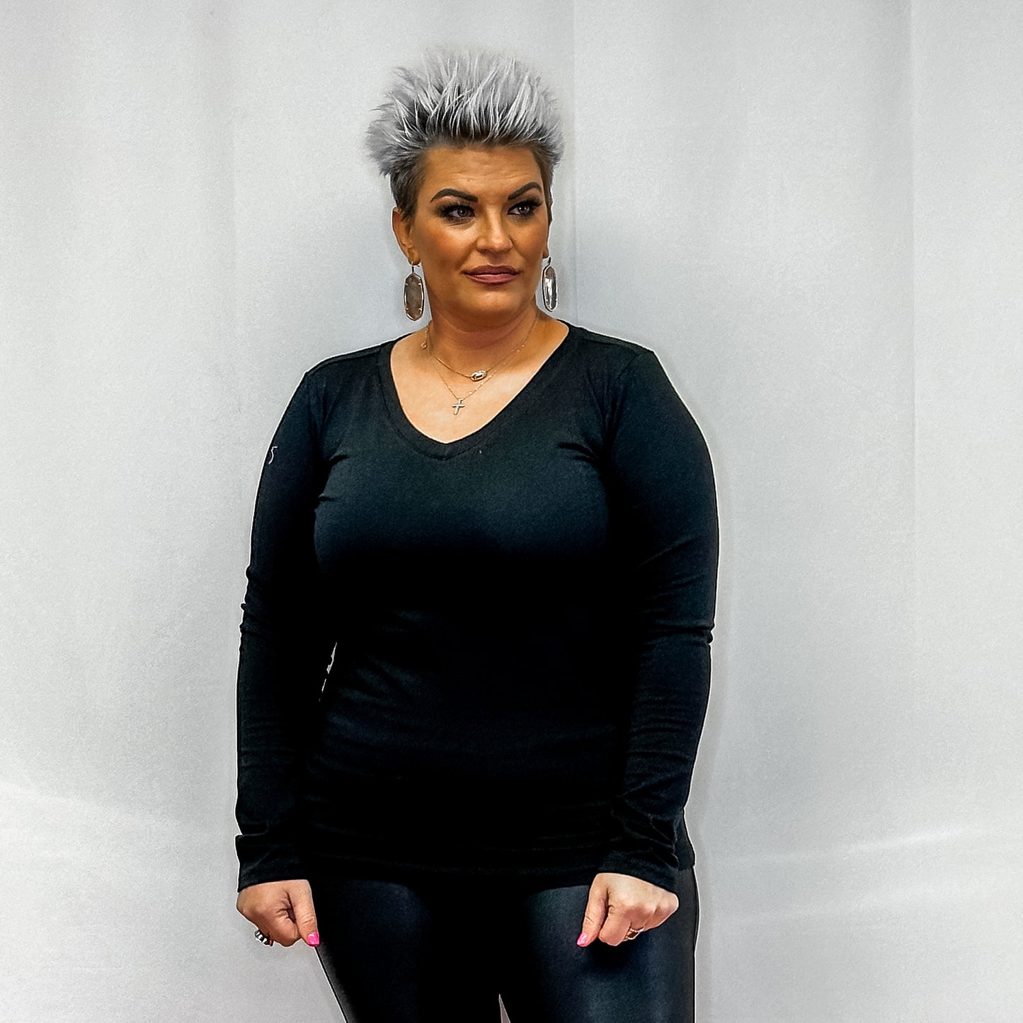 Cotton V- Neck Long Sleeve T-Shirt - Black