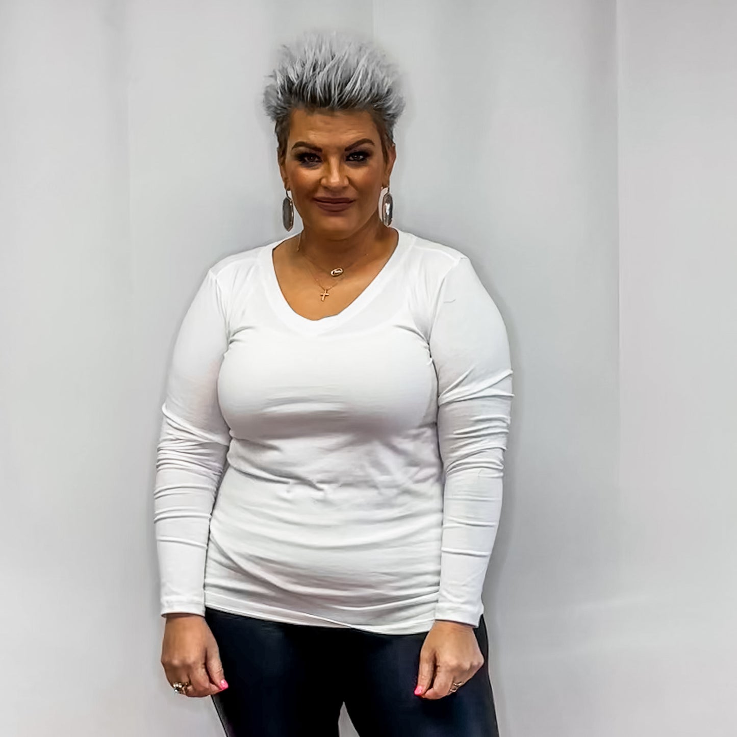 Cotton V- Neck Long Sleeve T-Shirt - White