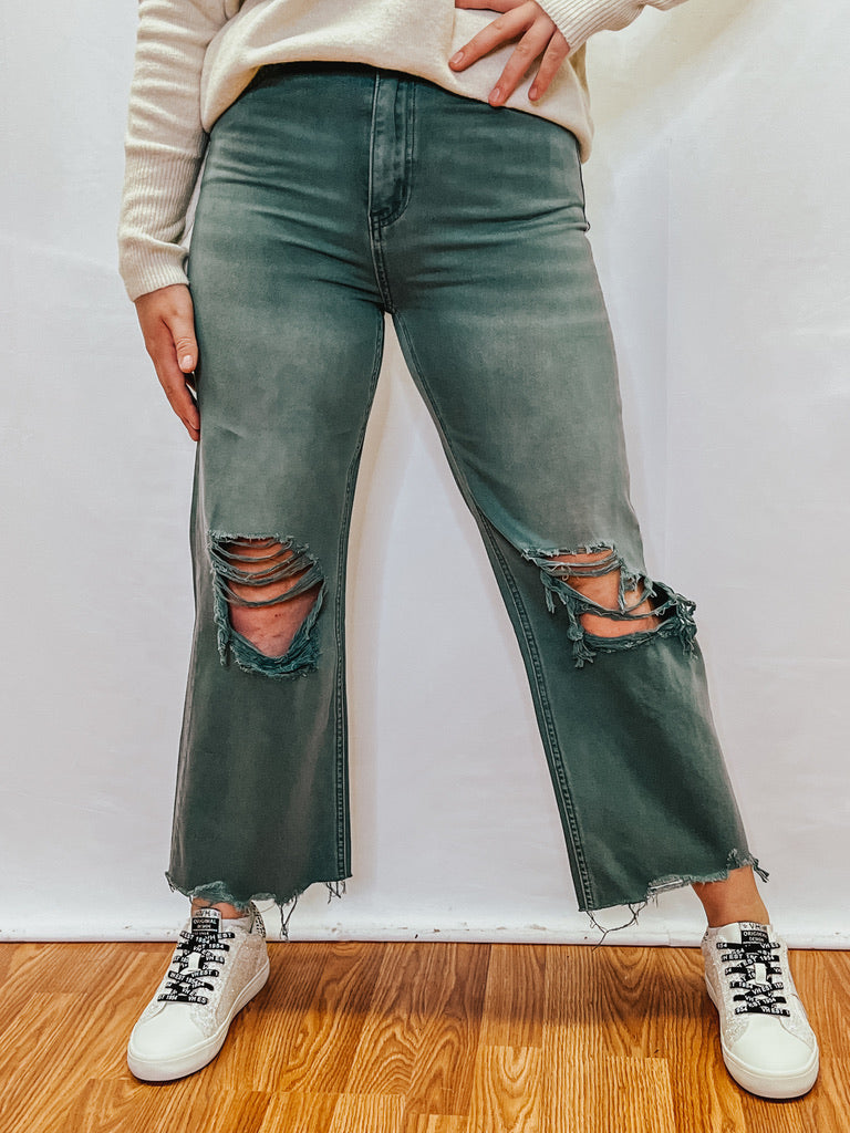 90's Vintage Crop Flare Jean - Mallard Green
