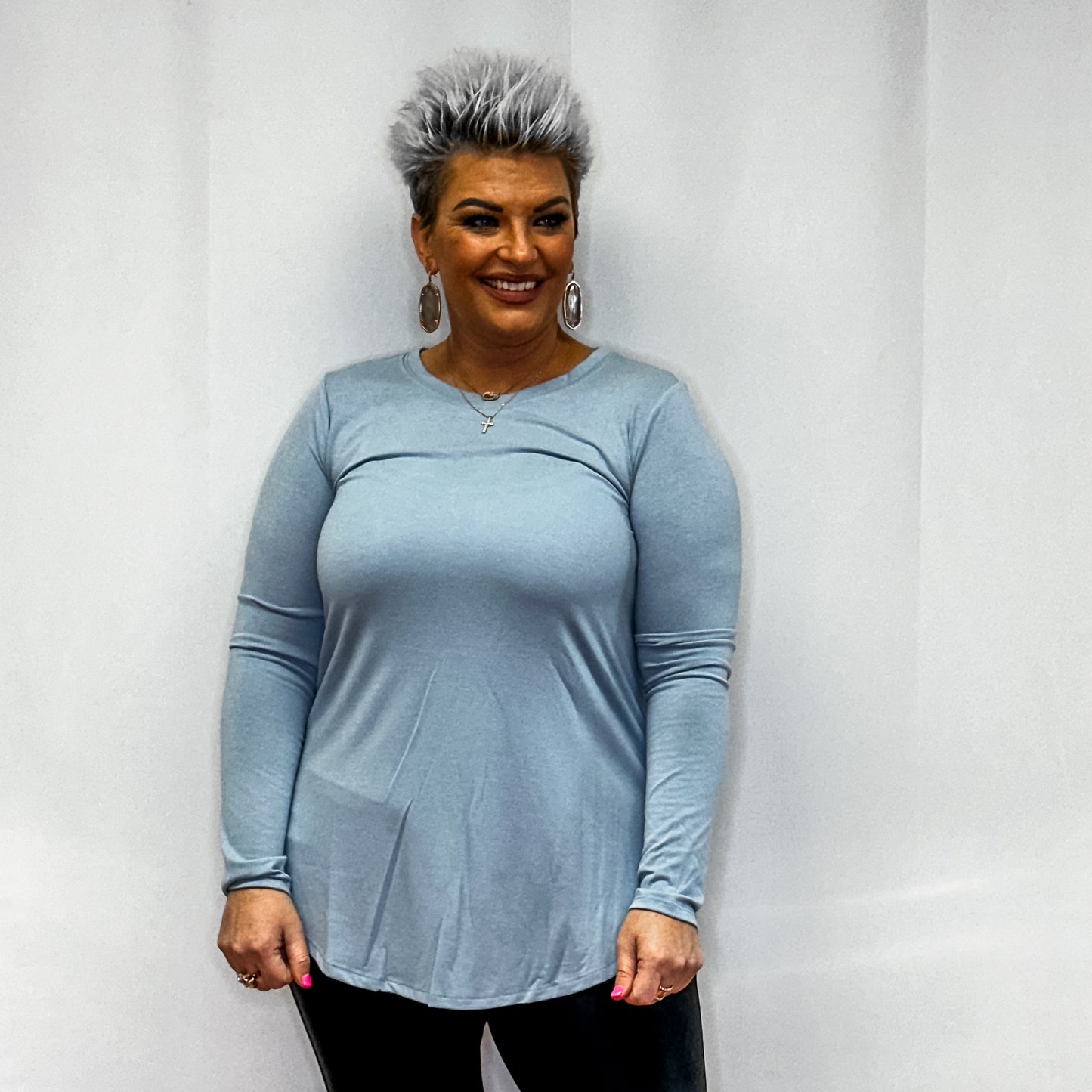 Long Sleeve Round Neck Round hem Top - Ash Blue