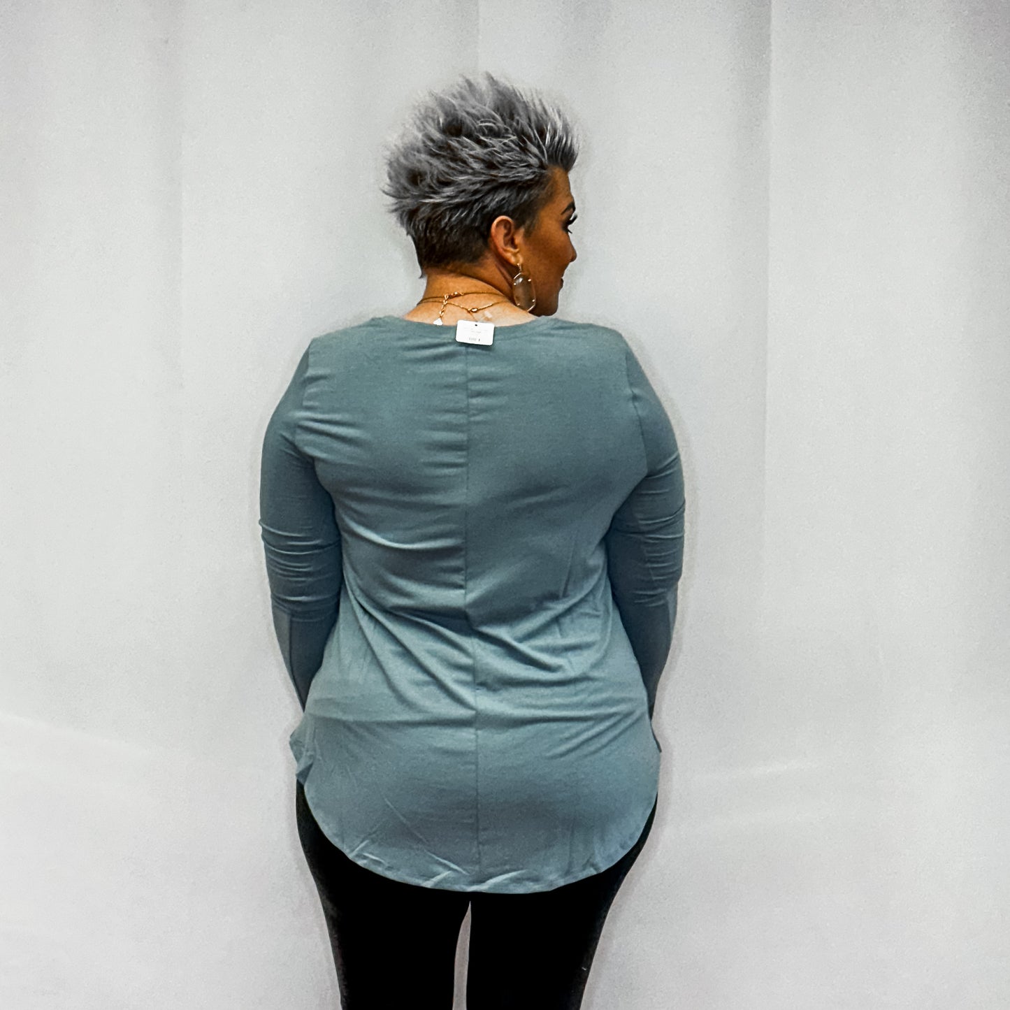 Long Sleeve Round Neck Round hem Top - Blue Grey