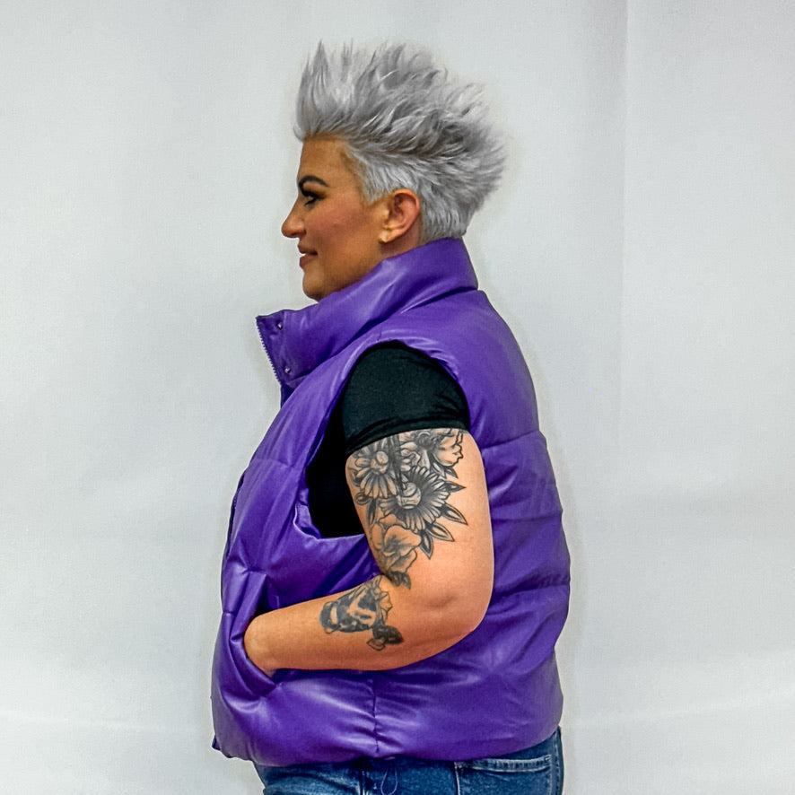 Stand Collar Relaxed Cropped Puffer Vest - Purple