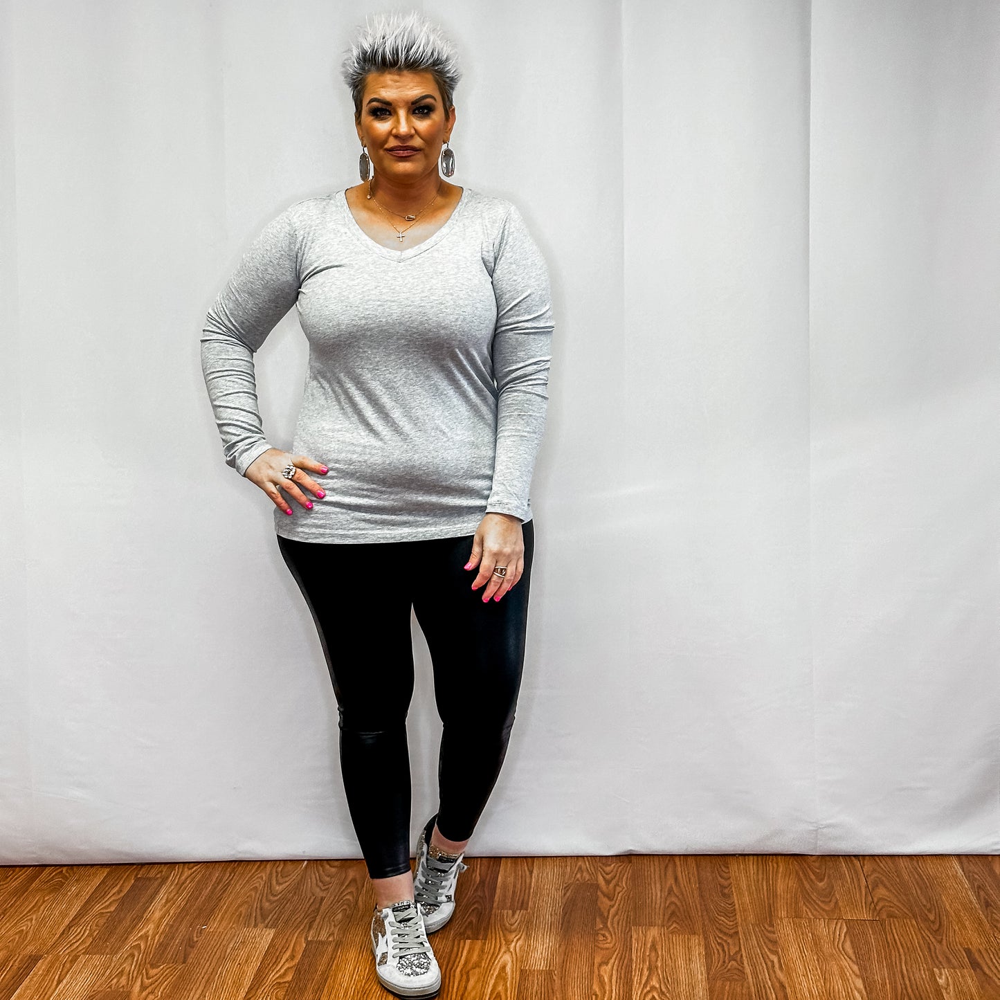 Cotton V- Neck Long Sleeve T-Shirt - Grey
