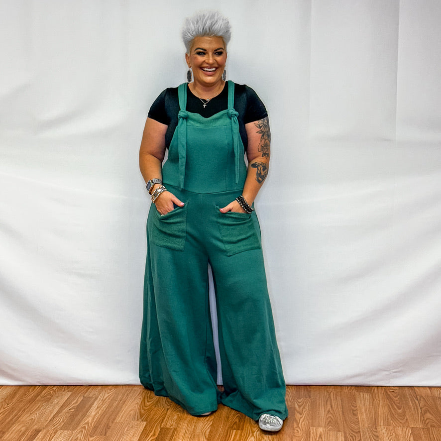 Adjustable Straps Jumpsuit with Pockets - Hunter Green