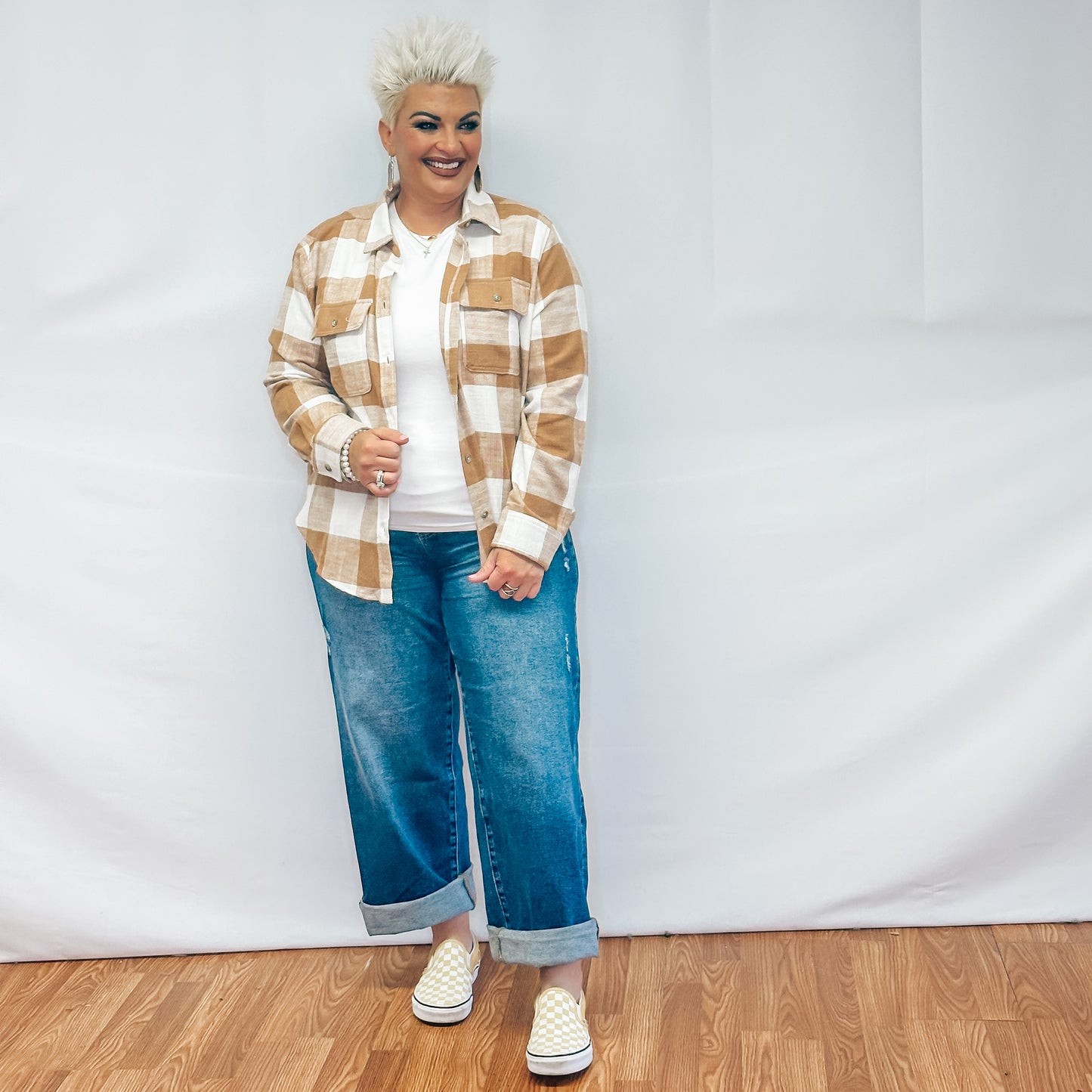 Plaid Flannel Button Down Shirt - Camel