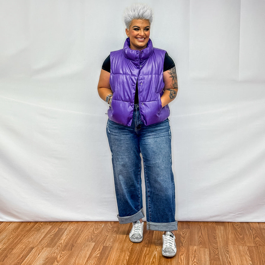 Stand Collar Relaxed Cropped Puffer Vest - Purple