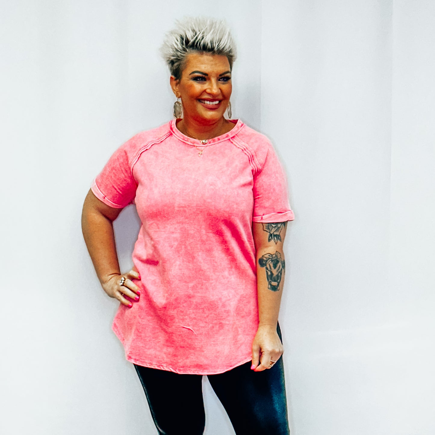 French Terry Acid Wash Short Cuff Sleeve Pullover - Fuchsia