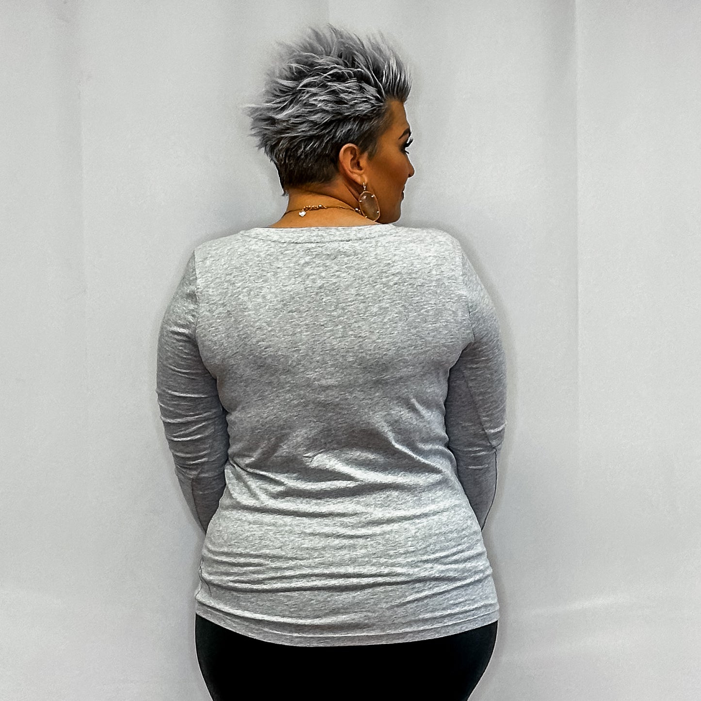 Cotton V- Neck Long Sleeve T-Shirt - Grey