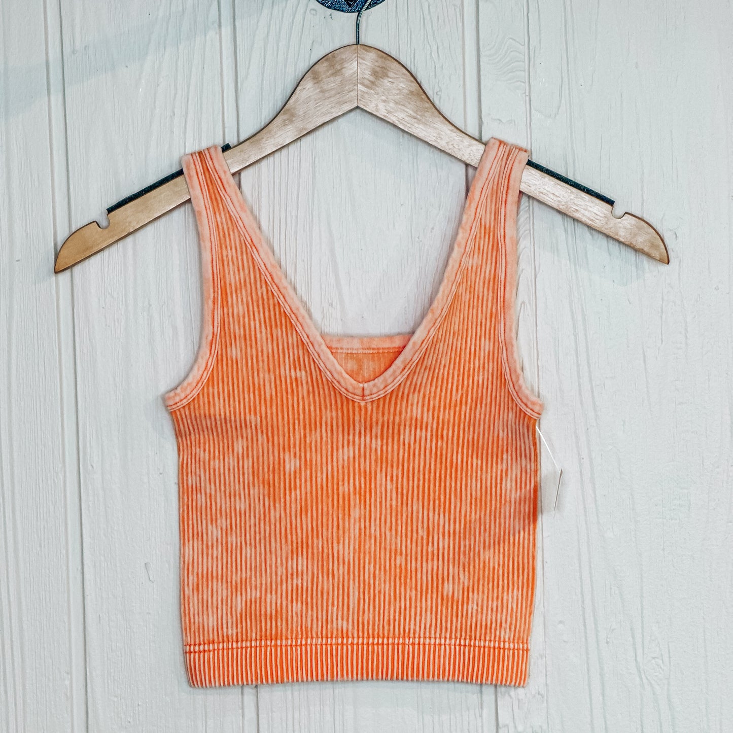 2 Way Neckline Washed Ribbed Cropped Tank Top - Lt. Orange
