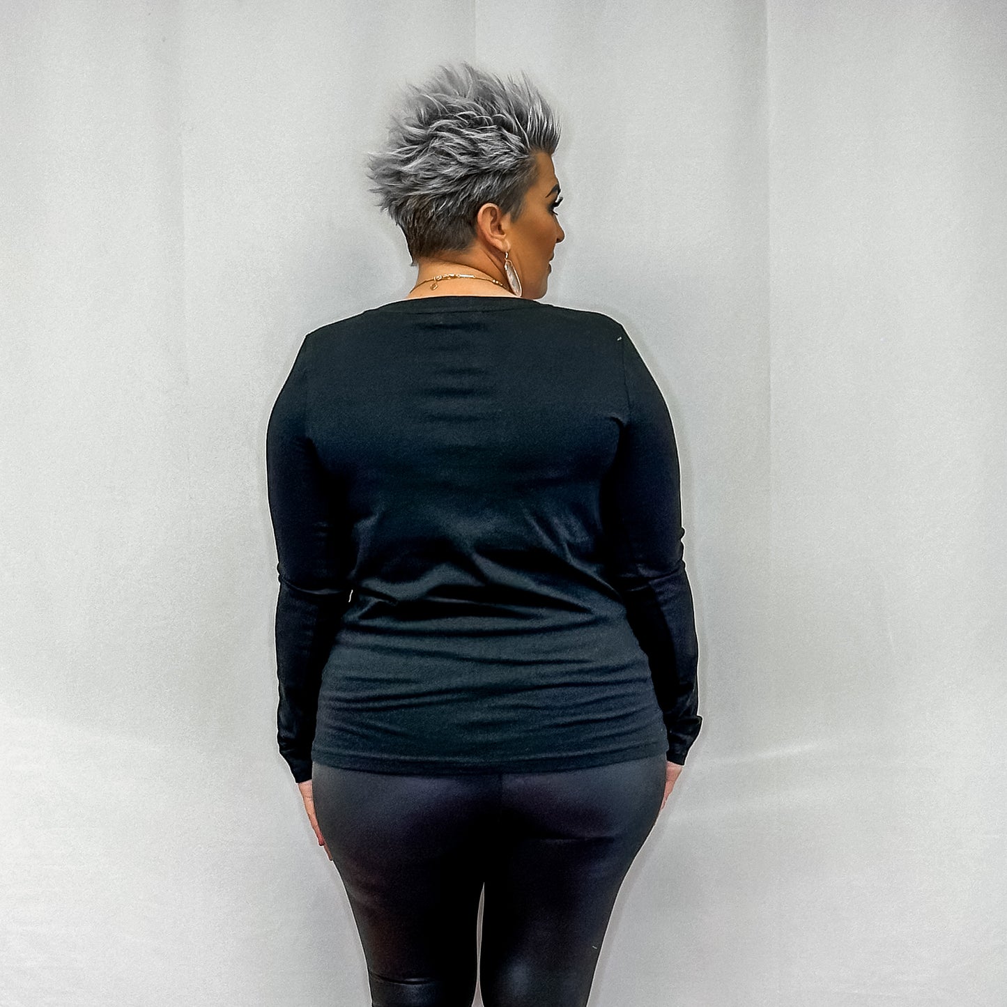 Cotton V- Neck Long Sleeve T-Shirt - Black