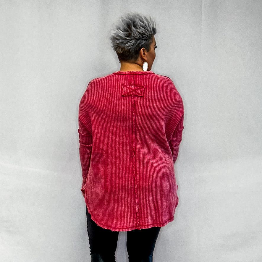 Washed Baby Waffle Oversized Long Sleeve Top - Viva Magenta