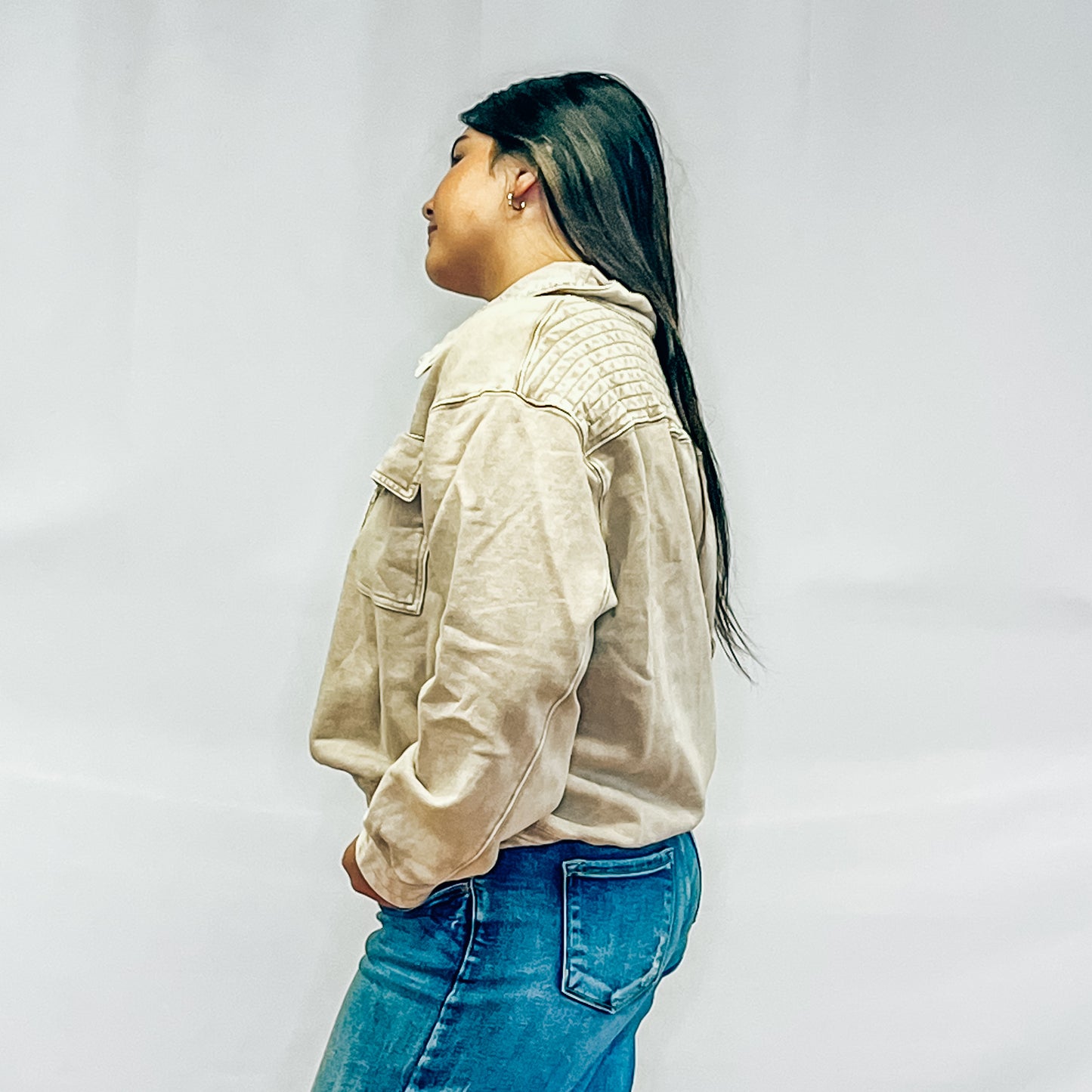 Mineral Washed Snap Button Mock Neck Sweatshirt - Taupe