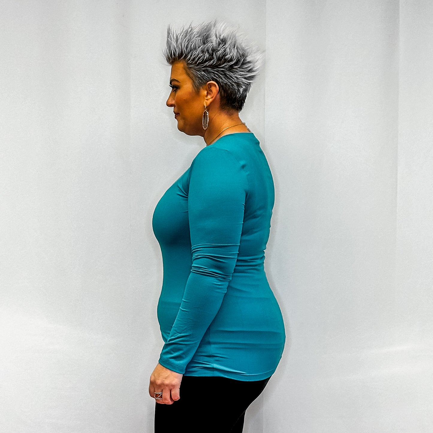 Brushed Microfiber Long Sleeve Round Neck Tee - Light Teal