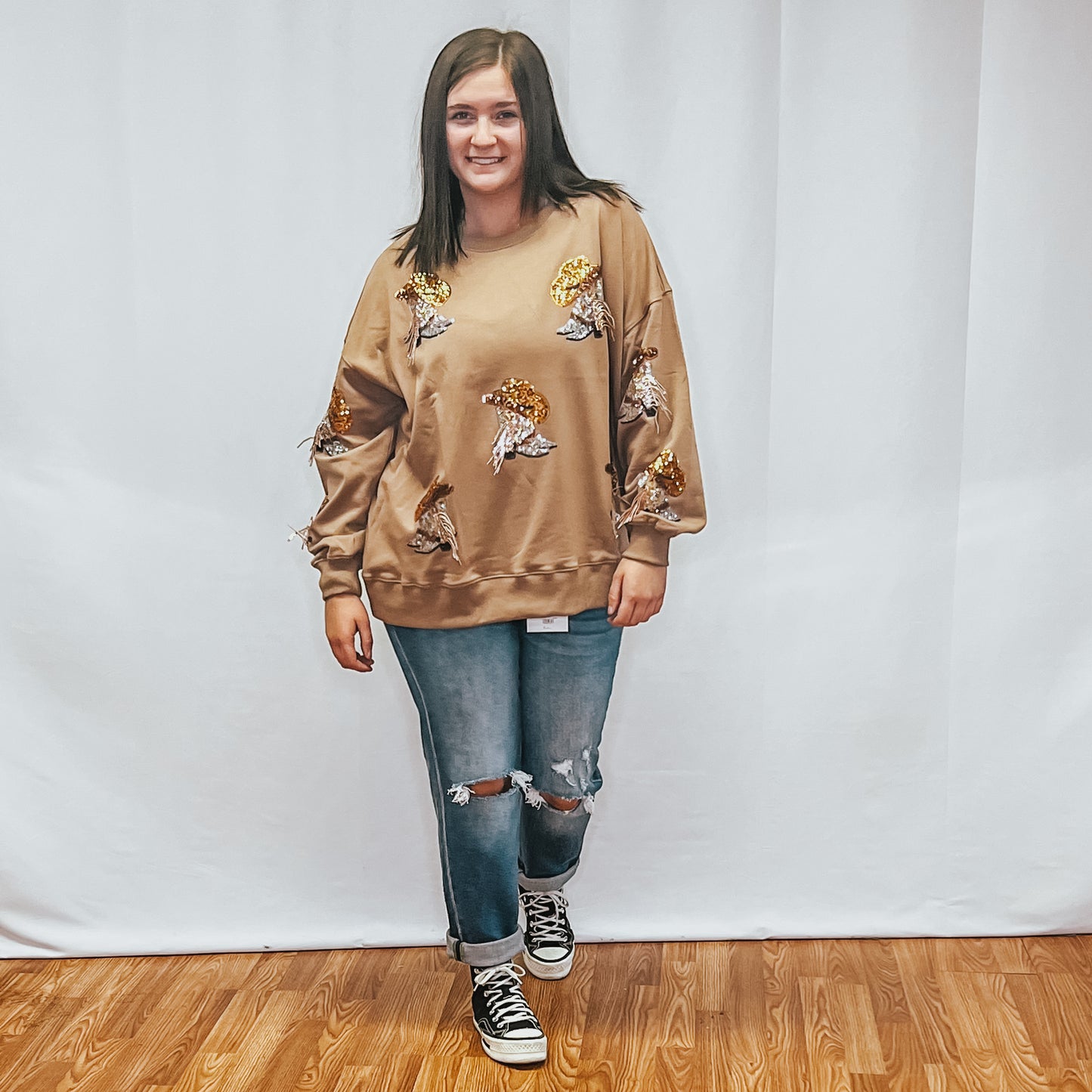 Boots & Hats Sequin Pullover - Mocha
