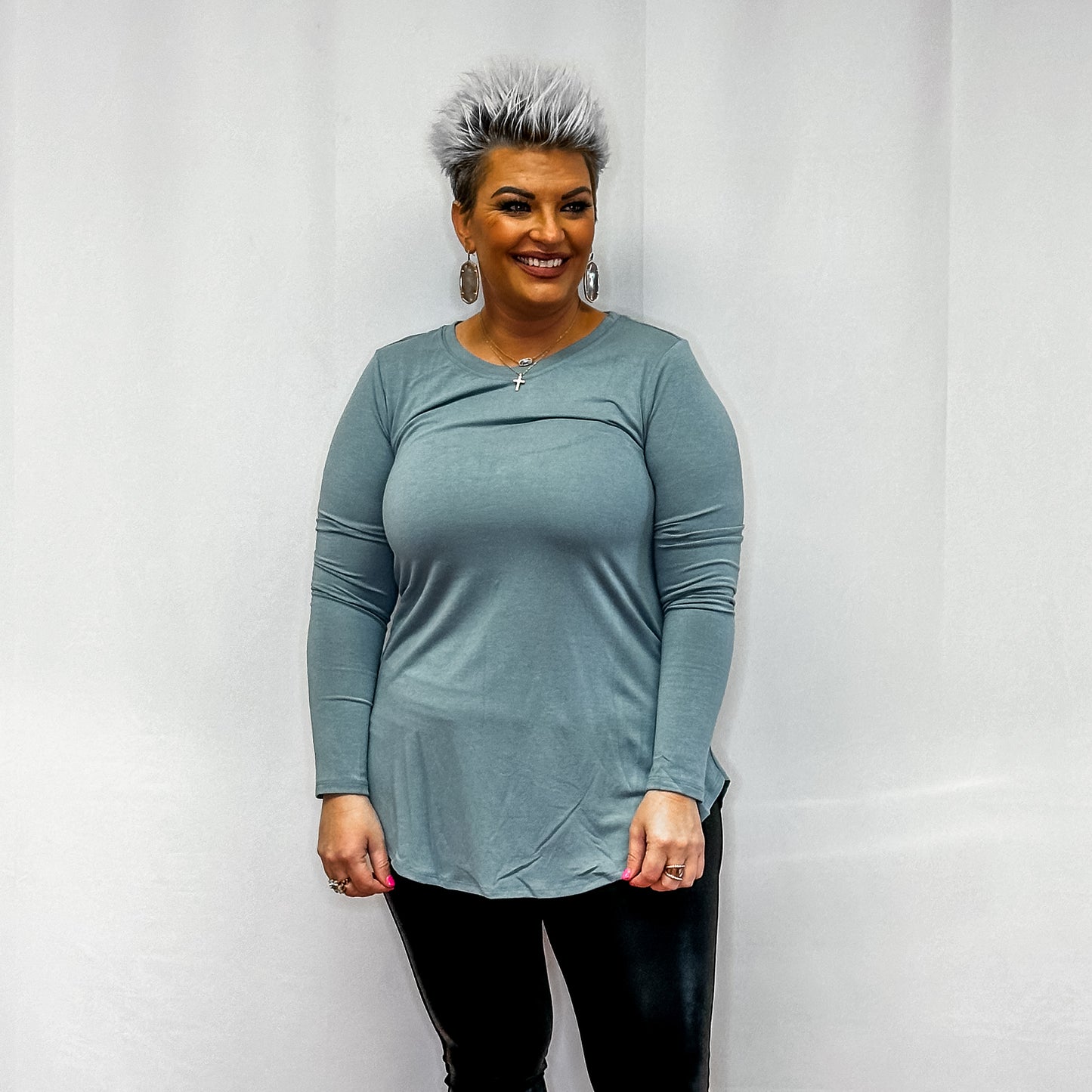 Long Sleeve Round Neck Round hem Top - Blue Grey