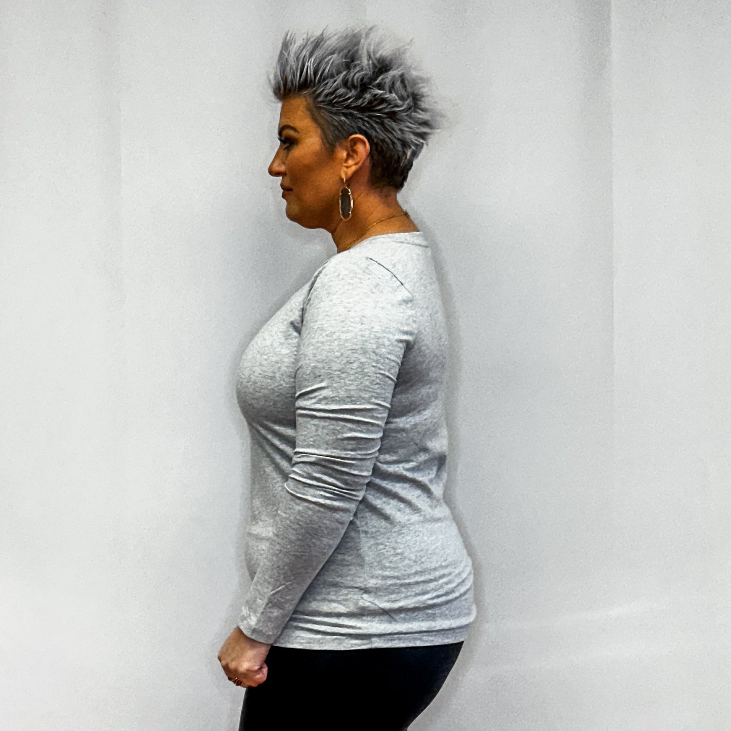 Cotton V- Neck Long Sleeve T-Shirt - Grey