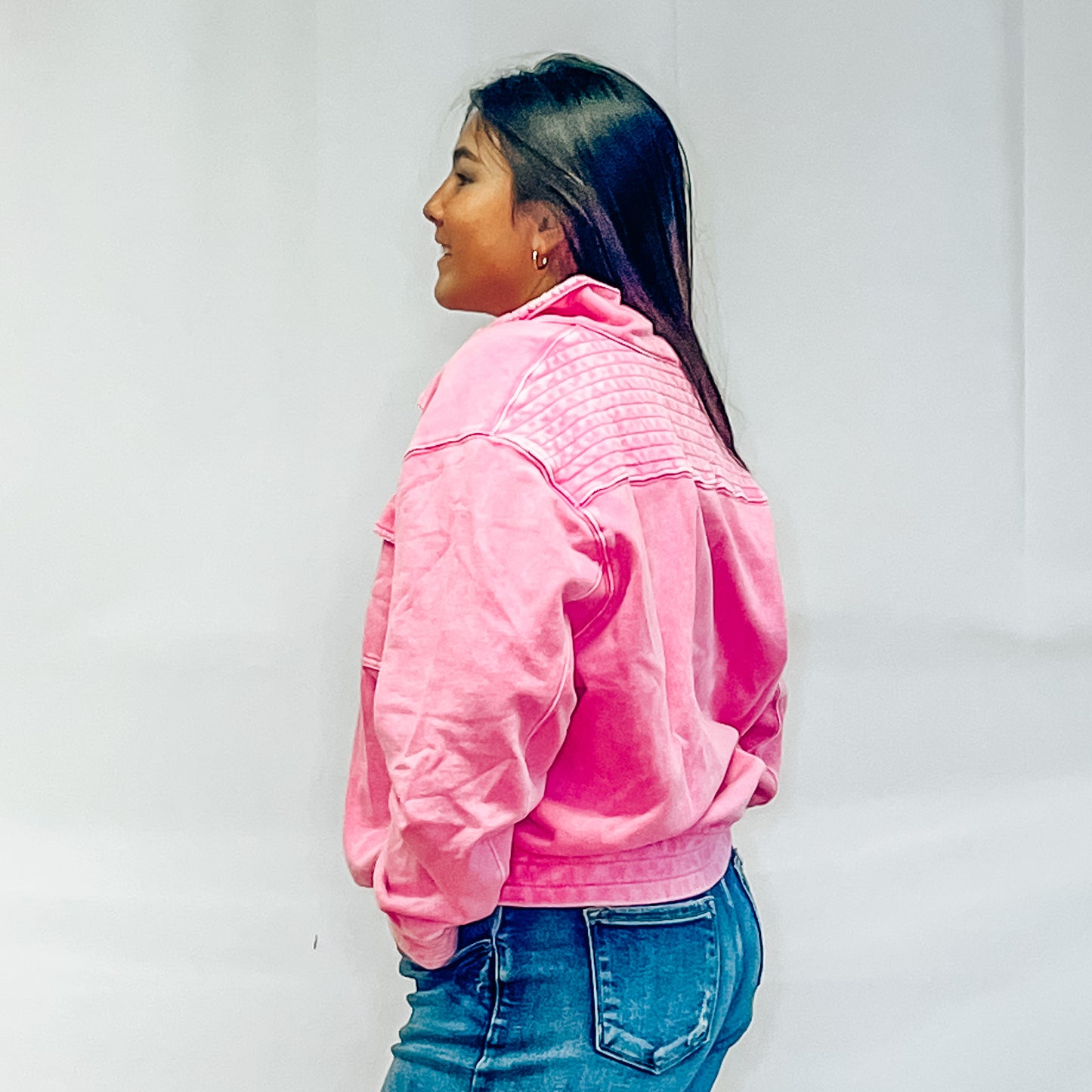 Mineral Washed Snap Button Mock Neck Sweatshirt - Pink