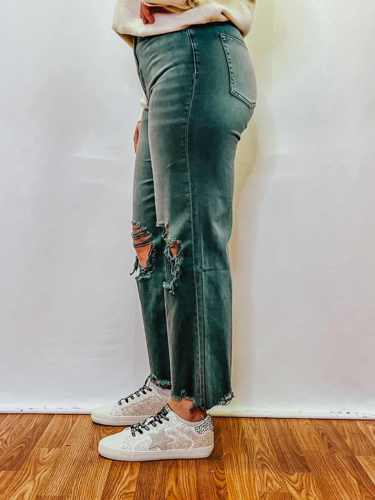 90's Vintage Crop Flare Jean - Mallard Green