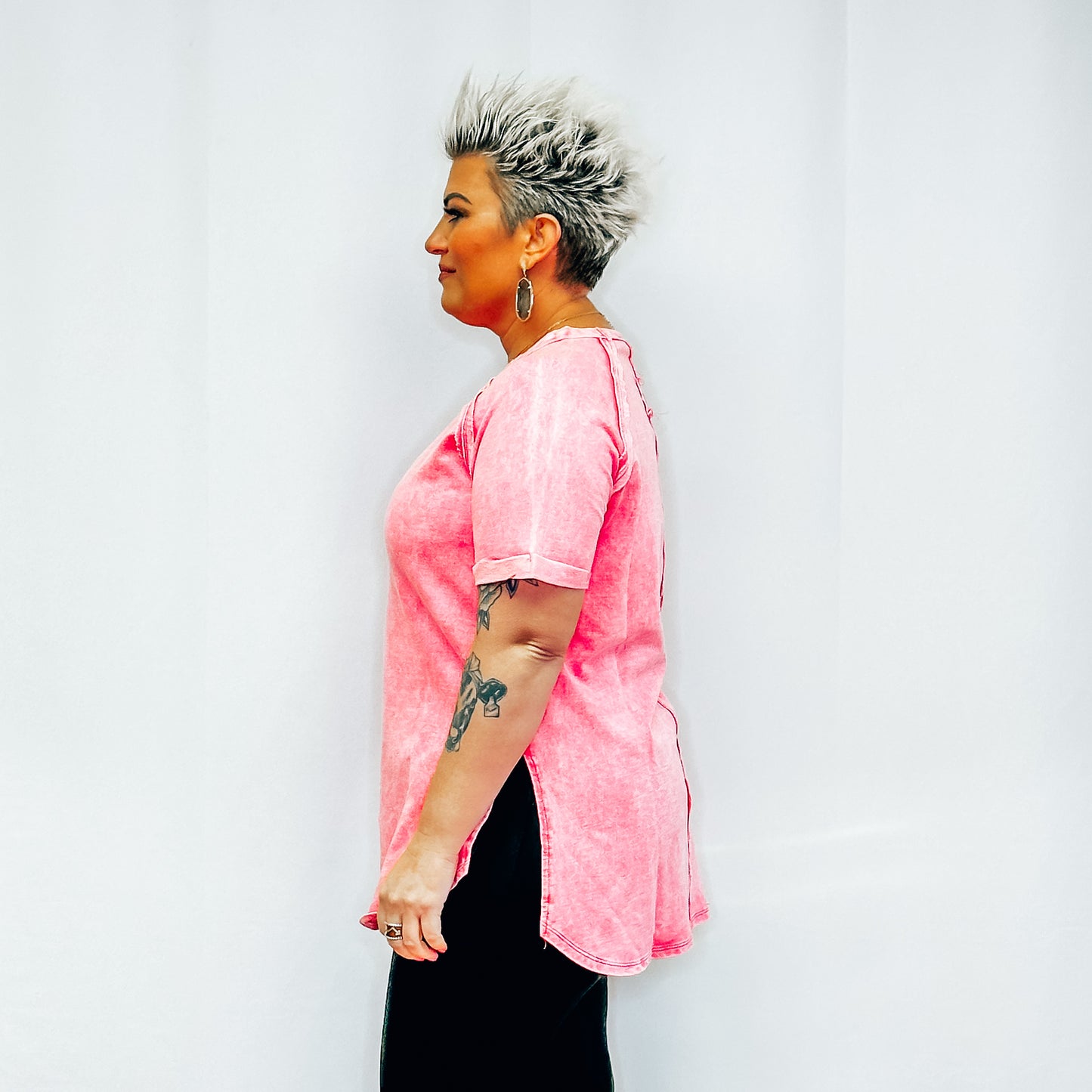 French Terry Acid Wash Short Cuff Sleeve Pullover - Fuchsia