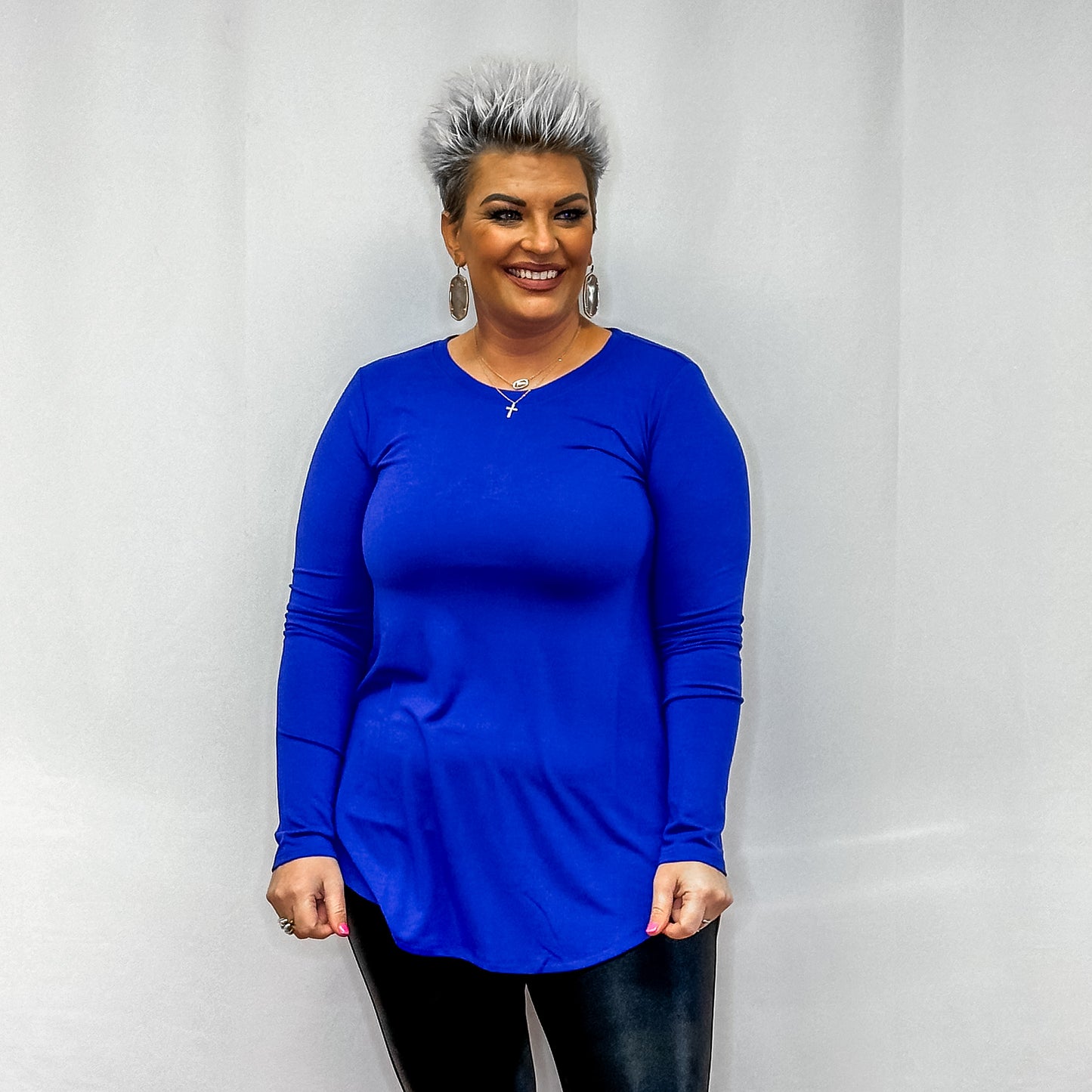 Long Sleeve Round Neck Round hem Top - Bright Blue