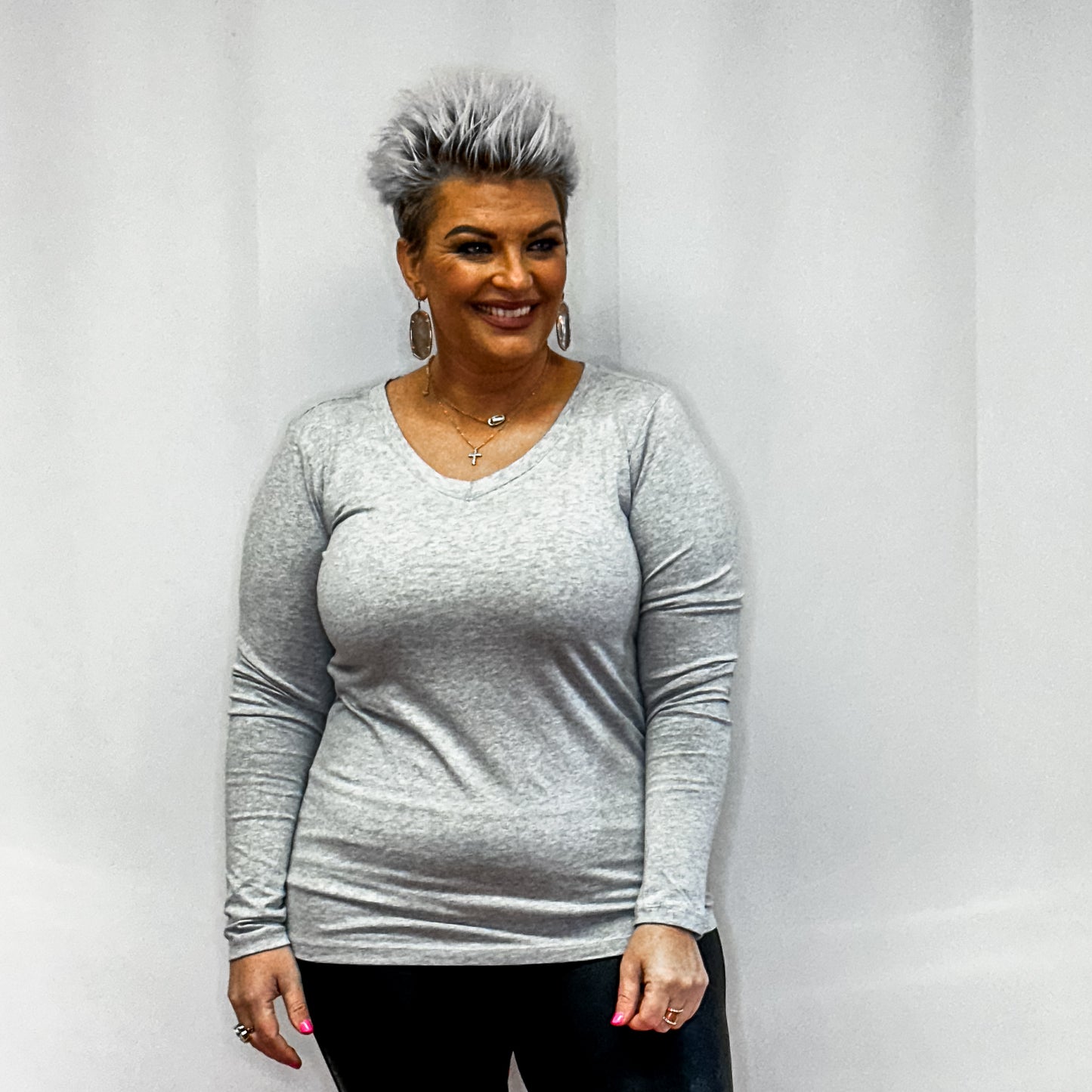Cotton V- Neck Long Sleeve T-Shirt - Grey