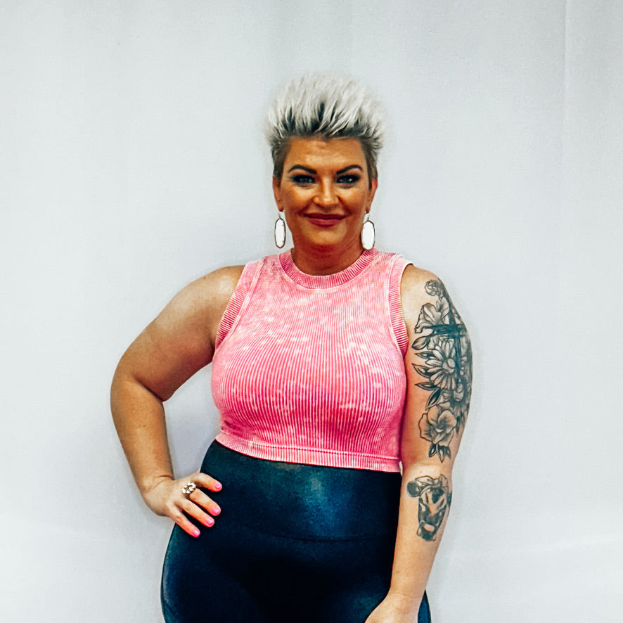 Stone Washed Ribbed Seamless Crop Top - Coral Fuchsia