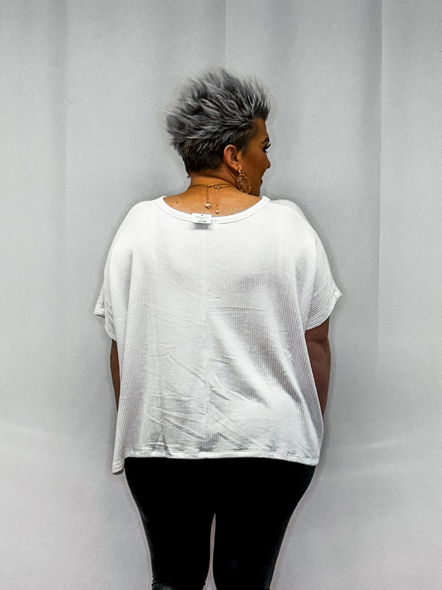 Ribbed Striped Oversized Short Sleeve Top - Off White