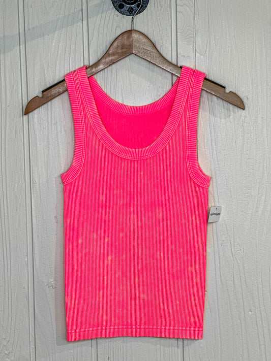 2 Way Neckline Washed Ribbed Cropped Tank Top - Coral Fuchsia