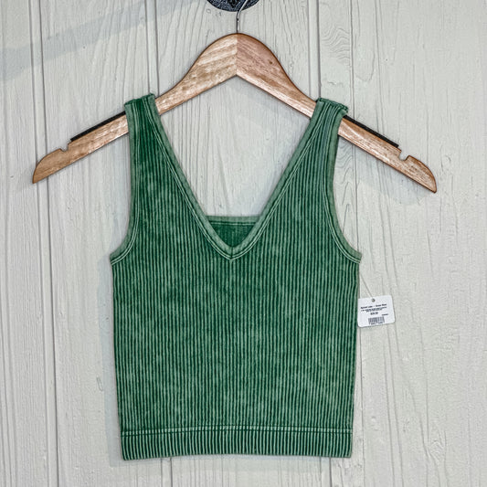 2 Way Neckline Washed Ribbed Cropped Tank Top - Dark Green