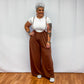 Wide Leg Solid Textured Knit Suspender Pants - Brown