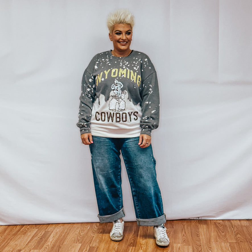 Wyoming Cowboys Upcycle & Vintage Faded Wash Crewneck Pullover - Grey