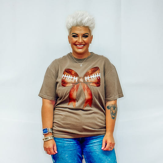 Coquette Football Bow Graphic Garment Dyed Tee - Espresso