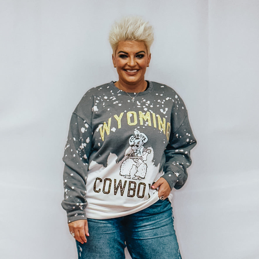 Wyoming Cowboys Upcycle & Vintage Faded Wash Crewneck Pullover - Grey