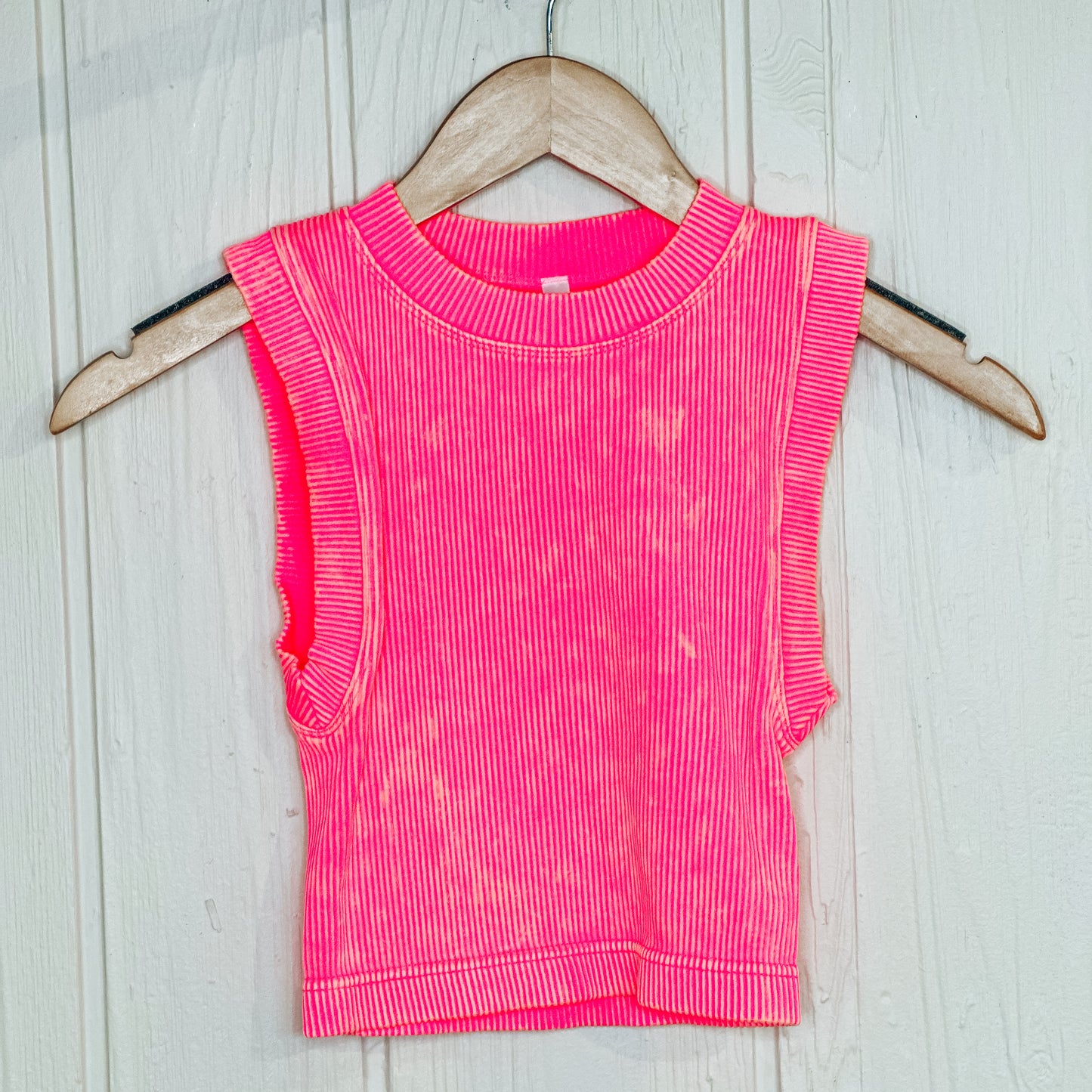 Stone Washed Ribbed Seamless Crop Top - Coral Fuchsia