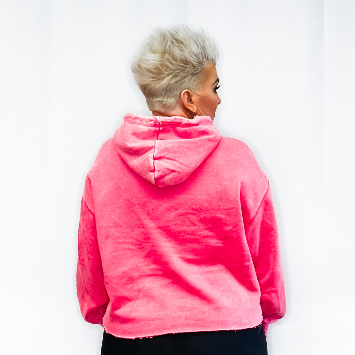 Acid Wash Fleece Cropped Hoodie - Fuchsia