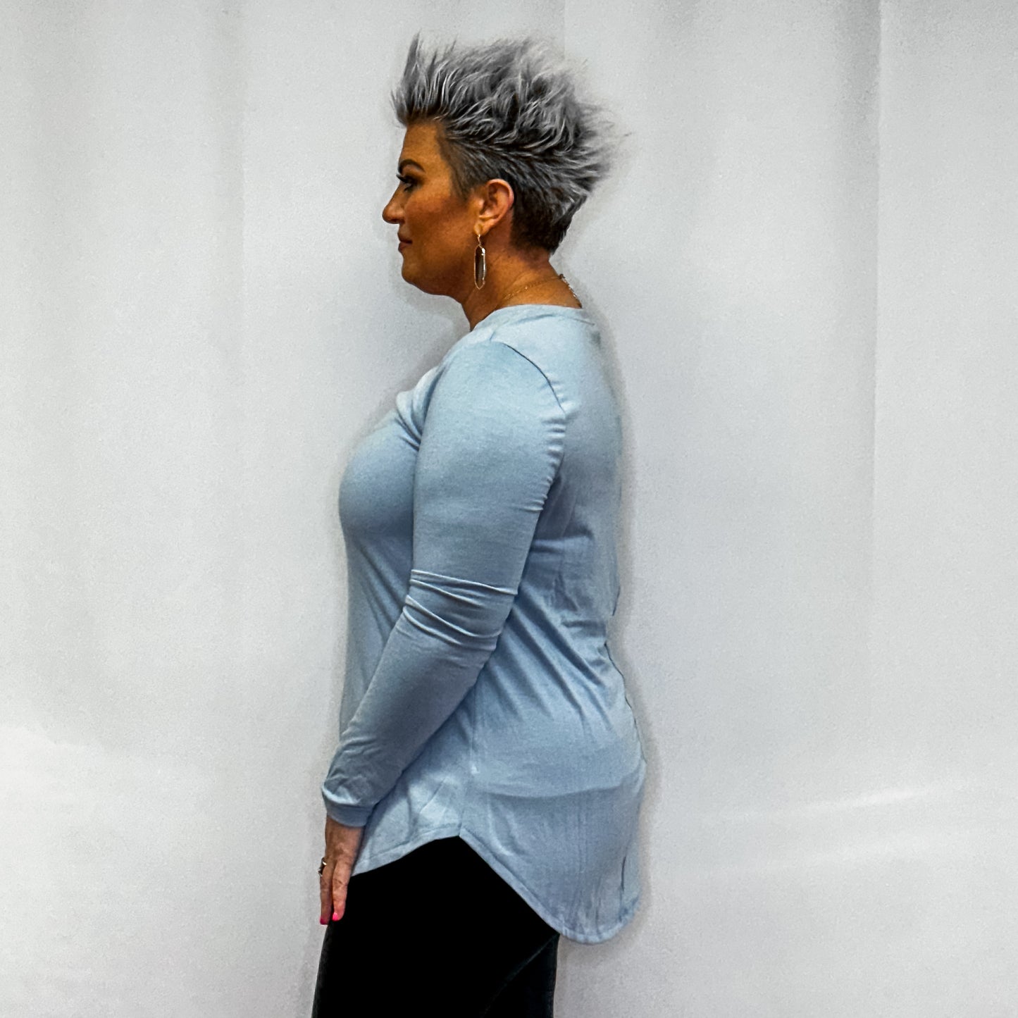 Long Sleeve Round Neck Round hem Top - Ash Blue