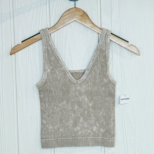 2 Way Neckline Washed Ribbed Cropped Tank Top - Lt. Camel