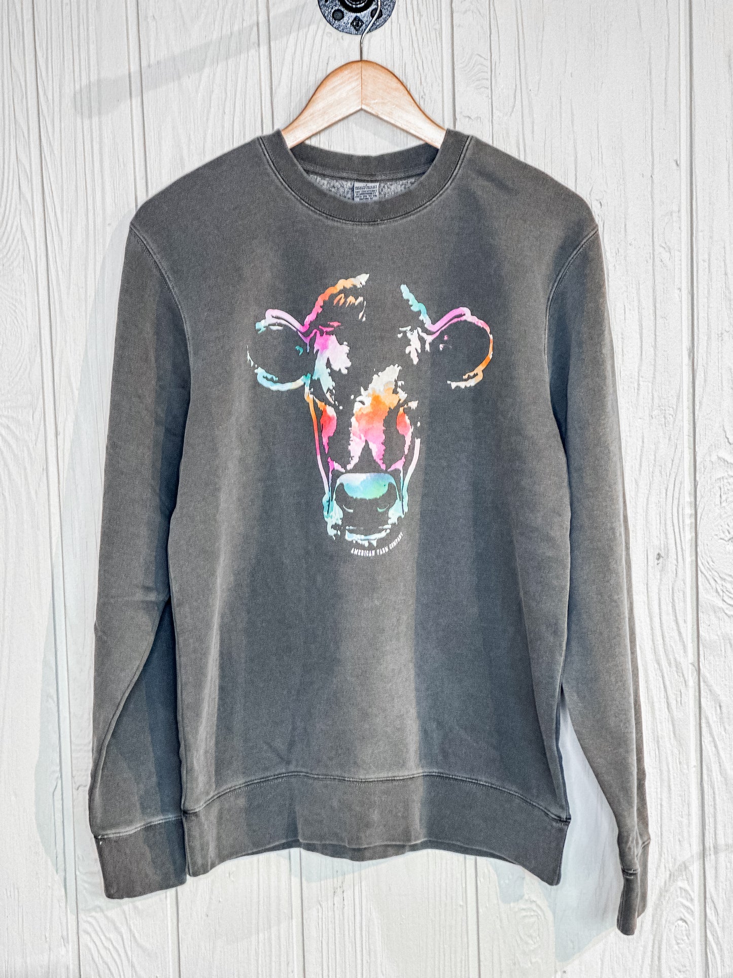 Western Colorful Watercolor Cow Graphic Farm Crewneck - Charcoal