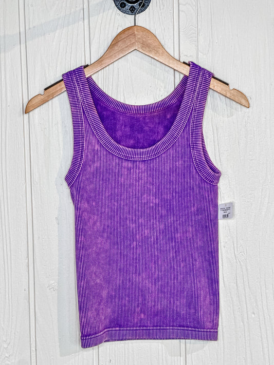 2 Way Neckline Washed Ribbed Cropped Tank Top - Purple
