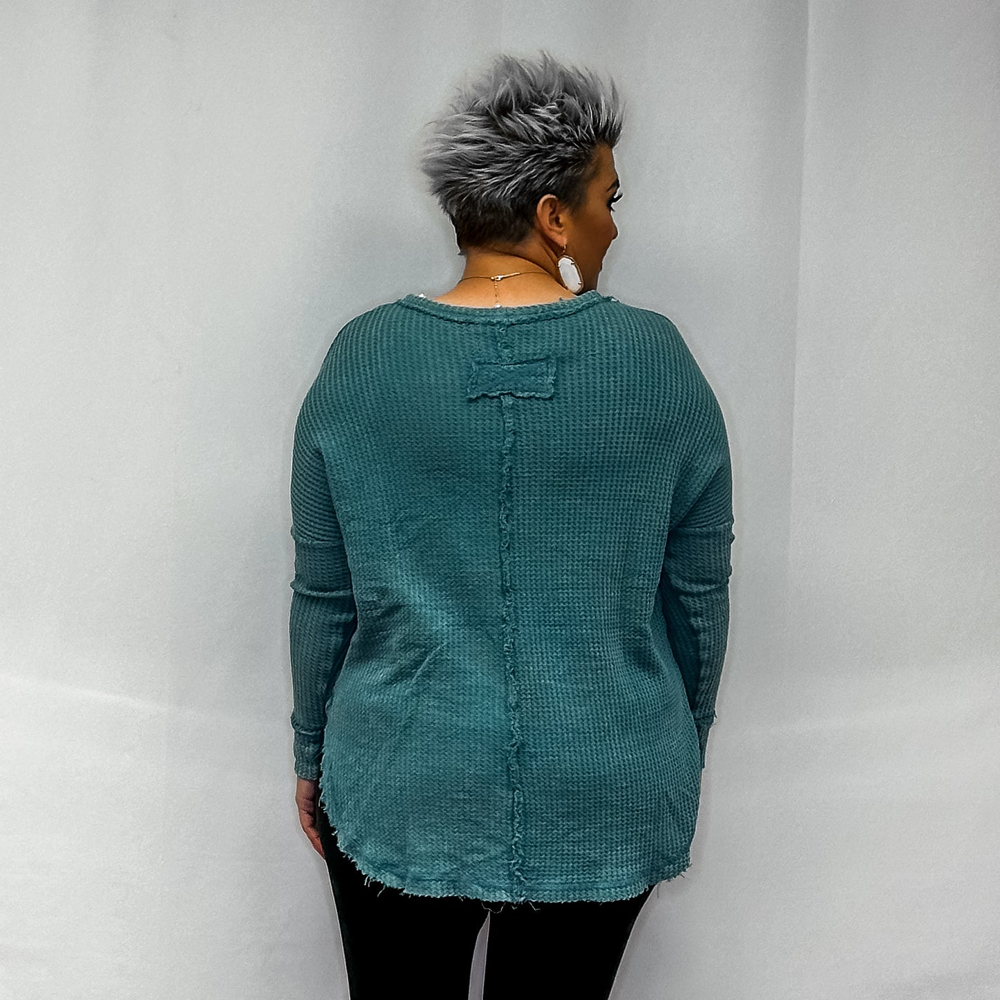 Washed Baby Waffle Oversized Long Sleeve Top - Dusty Teal