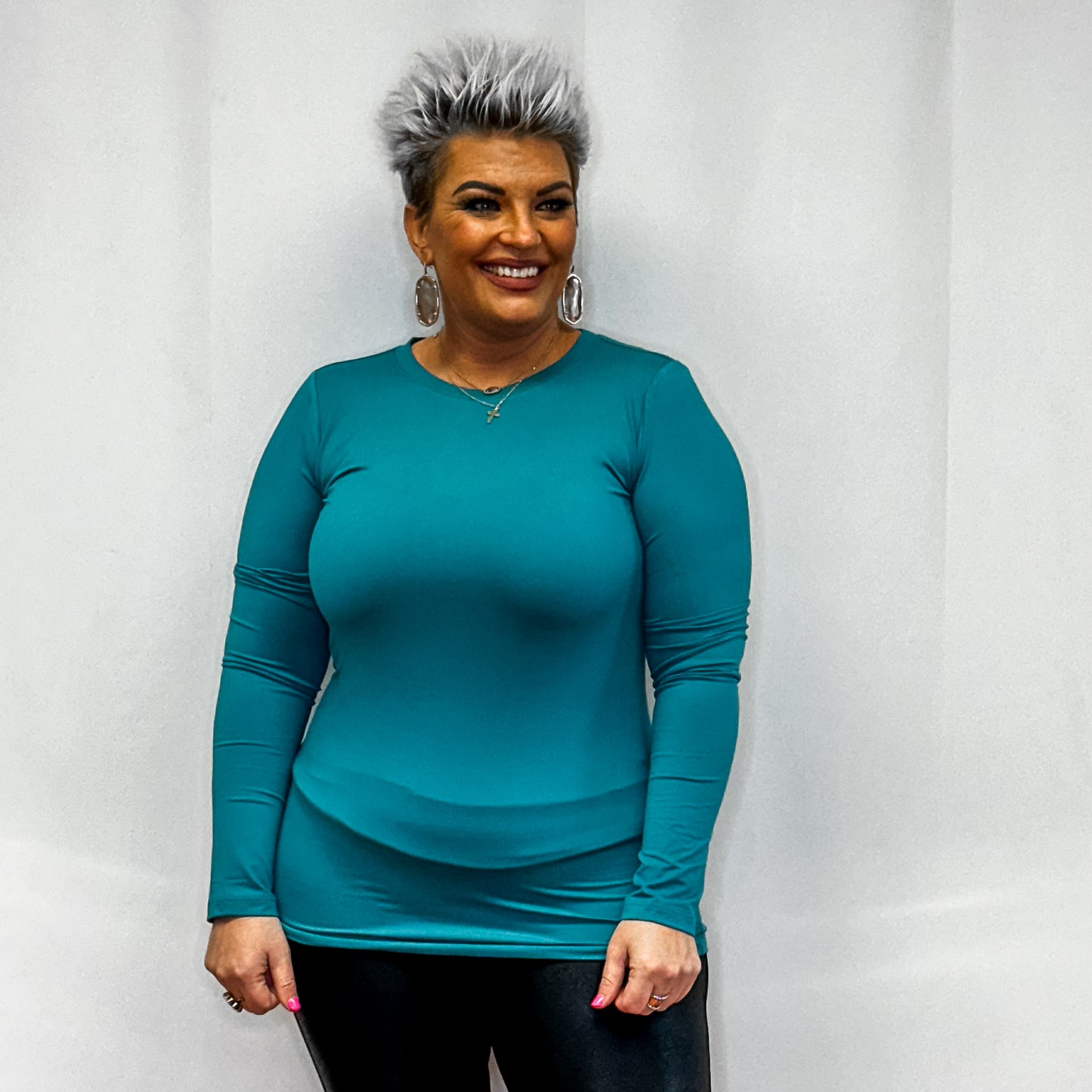 Brushed Microfiber Long Sleeve Round Neck Tee - Light Teal