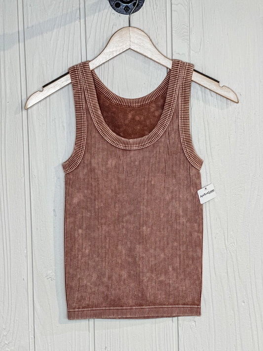 2 Way Neckline Washed Ribbed Cropped Tank Top - Deep Camel