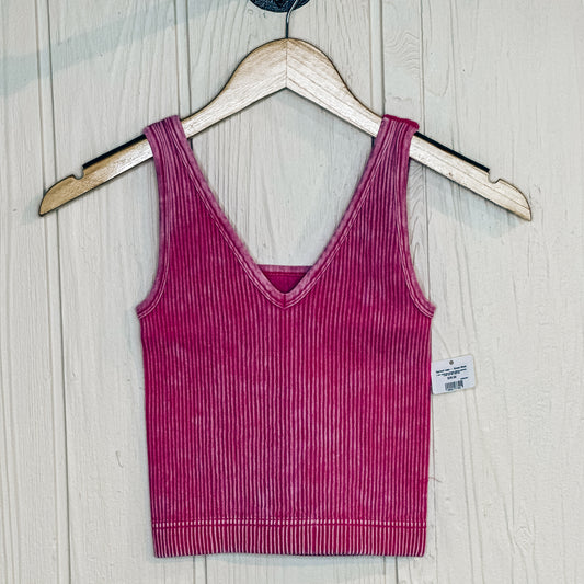 2 Way Neckline Washed Ribbed Cropped Tank Top - Hot Pink