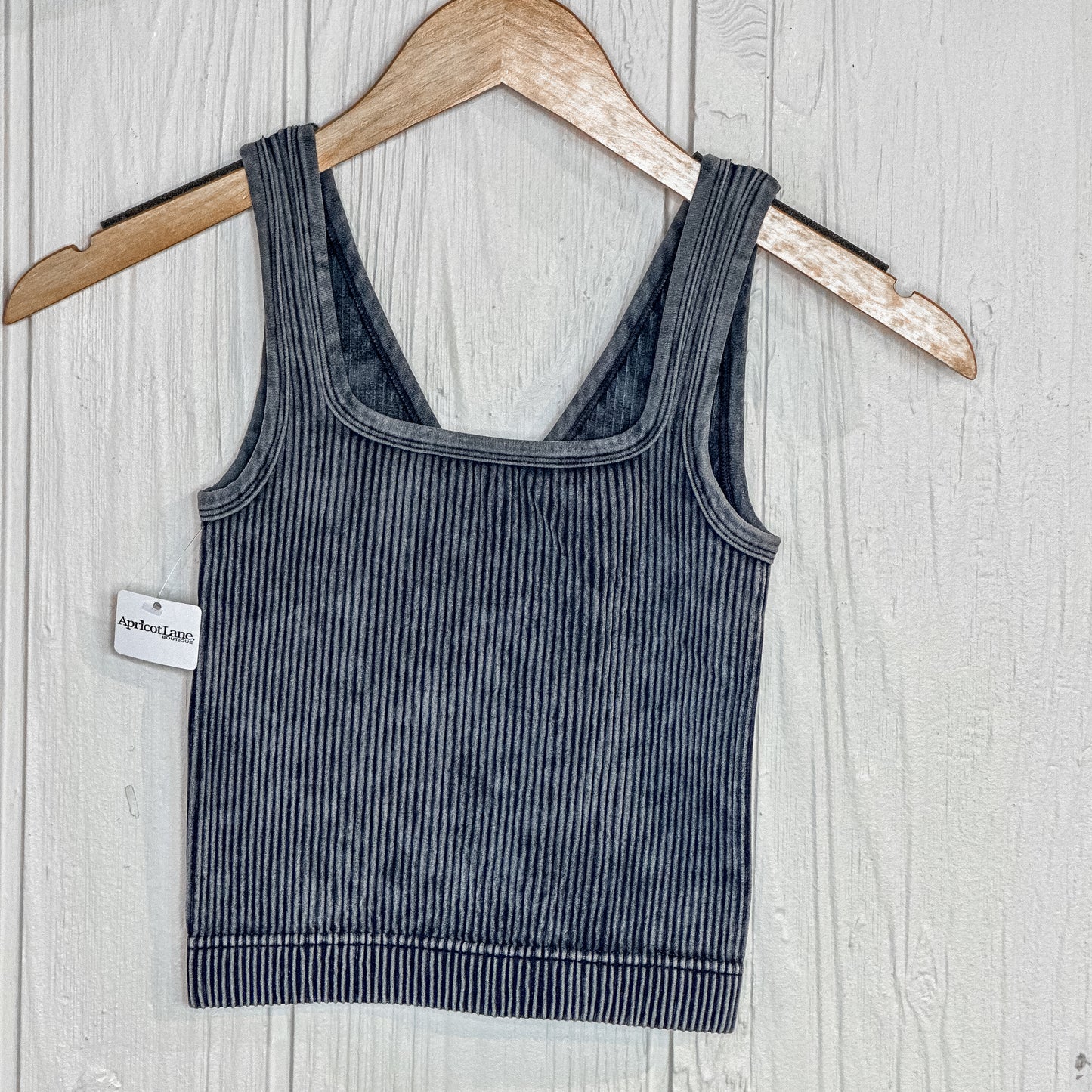 2 Way Neckline Washed Ribbed Cropped Tank Top - Ash Black